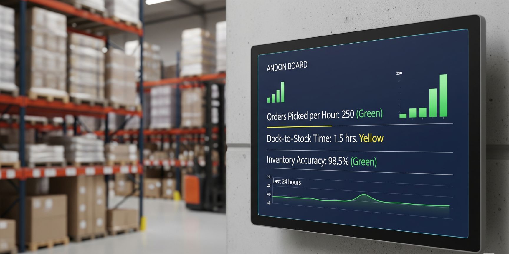 Digitales Andon-Board in einem Lean Warehouse zeigt Key Performance Indicators (KPIs) in Echtzeit zur transparenten Prozesssteuerung